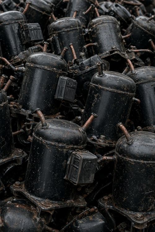 Pila de compresores herméticos negros de refrigeradores y aire acondicionado